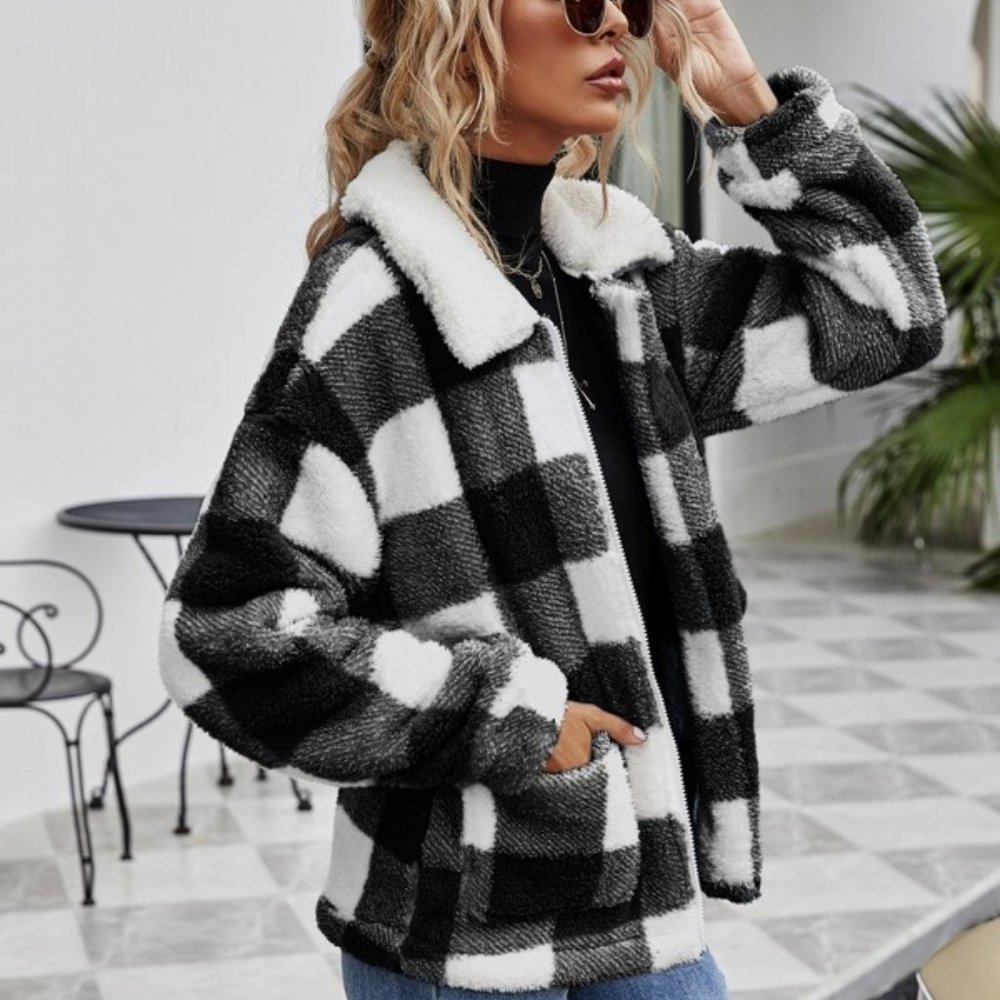 BOHO BABE Buffalo Plaid Zip Up Teddy Coat - Picture 7 of 7